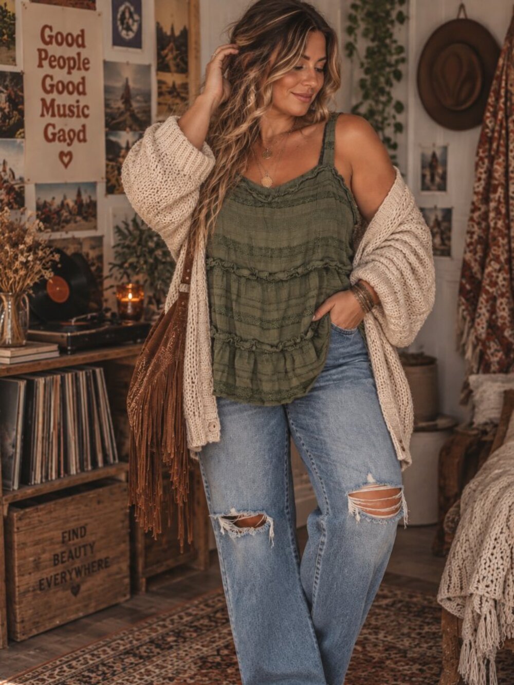 American Eagle Olive Green Boho Ruffle Tank Top